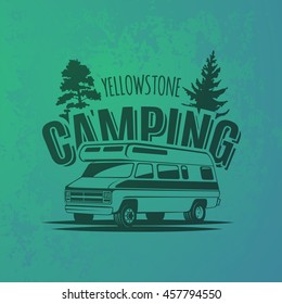 Camper van car logo on grunge green background. Recreational vehicle and camping design elements.