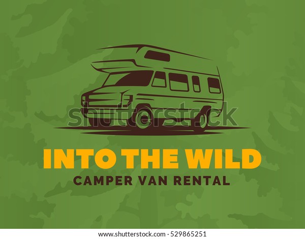 Camper van car logo on green background. RV and\
caravan park design elements. Recreational vehicle vector\
illustration.  T-shirt print\
design.
