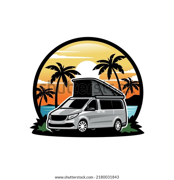 camper\
van car with pop up tent illustration logo\
vector