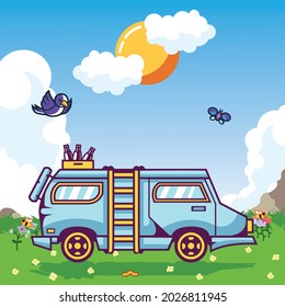 Camper van car vector illustration. Meadow forest summer background with bird and insects. Concept for print, poster and others.