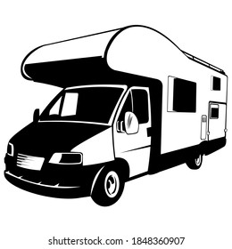 camper van car vector on black and white background, vacation car vector in nature