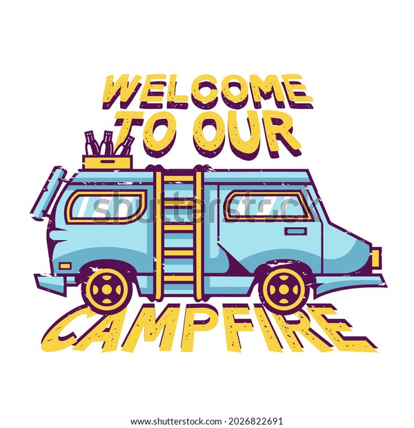 Camper van car vector. Set of retro vintage\
illustrations. Summer camping trips. Suitable for print, t-shirts,\
hoodies and others.