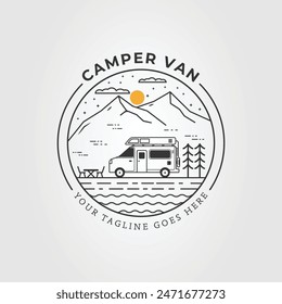 camper van or caravan car line art logo vector illustration design. Recreational vehicle icon.