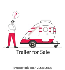 Camper van Caravan RV. Ein Mann wählt einen Anhänger für die Reise.Einzeln auf weißem Hintergrund.Vektorgrafik. Cartoon-Charakter.