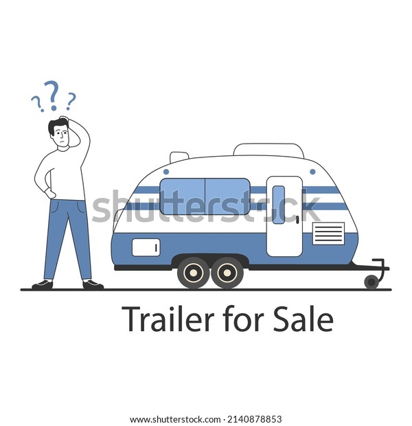 Camper van caravan RV. A man chooses a trailer\
for travel.Isolated on white background. Vector flat illustration.\
Cartoon character.