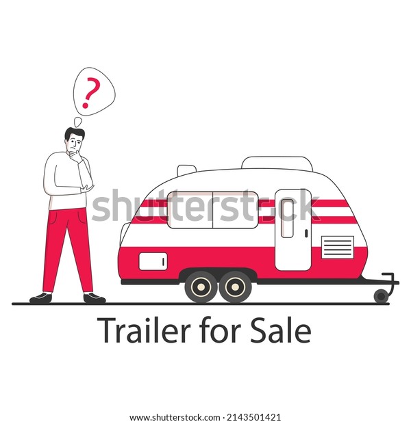 Camper van caravan RV. A man chooses a trailer\
for travel.Isolated on white background.Vector flat illustration.\
Cartoon character.