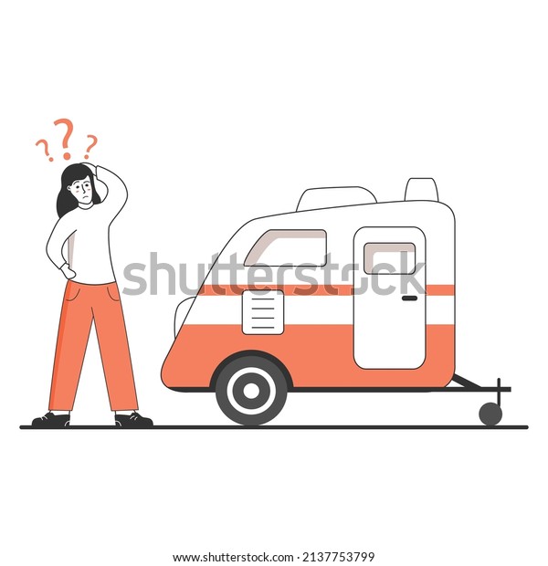Camper van caravan RV. Young woman chooses a\
trailer for travel.Isolated on white background. Vector flat\
illustration. Cartoon\
character.