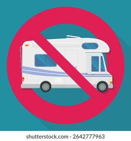Camper van with a circular red strikethrough prohibition symbol on a blue background with long shadow in flat design style