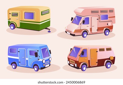 Camper van for family journey and summer outdoor recreation. Cartoon vector illustration set of caravan and camp trailer. Rv vehicle and motorhome for camping and summertime vacation travel.