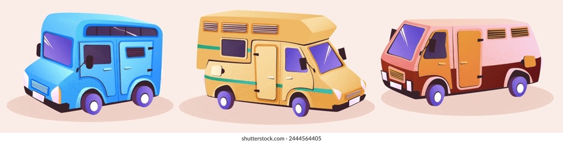 Camper van for family travel and outdoor recreation. Cartoon vector illustration set of various caravan rv trailer for summer camp holiday. Motorhome transport vehicle for nature tourism and journey.