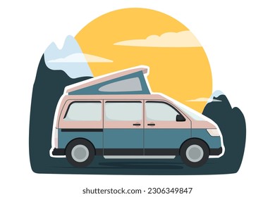 Camper-Van mit einem Faltenzelt auf dem Dach. Campervan im Hintergrund von Bergen und Sonnenuntergang. Design für Logo, Druck, Poster, Banner, etc.