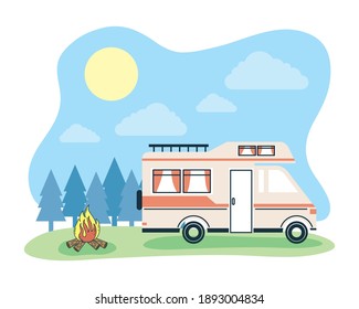 Camper van at forest landscape design of caravan trip camp adventure transportation and travel theme Vector illustration