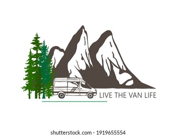 Camper Van With Forest And Mountains In The Background. Living Van Life, Camping In The Nature, Travelling. Live The Van Life Text. Illustration. 