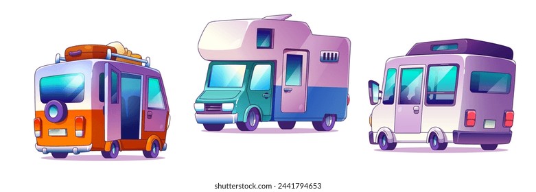 Camper van front and back view with baggage. Cute caravan rv car with luggage for recreational journey. Cartoon vector set of trailer for family travel and outside vacation. Motorhome tourism concept.