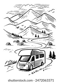 Camper van with hand-drawn sketch mountain illustration.