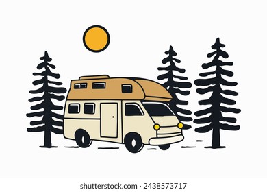 Camper van para el camping feliz en la naturaleza vintage vector de diseño