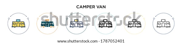 Camper van icon\
in filled, thin line, outline and stroke style. Vector illustration\
of two colored and black camper van vector icons designs can be\
used for mobile, ui,\
web