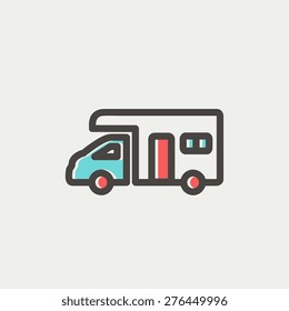 Camper van icon thin line for web and mobile, modern minimalistic flat design. Vector icon with dark grey outline and offset colour on light grey background.