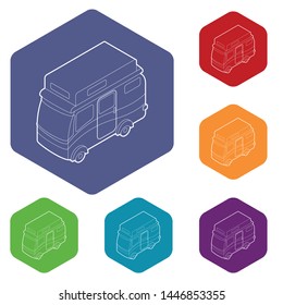 Camper van icons vector colorful hexahedron set collection isolated on white