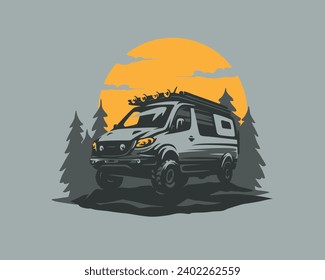 Camper van illustration with rocks and forest. RV vehicle standing on rocks on the sunset. Vector illustration. Hand drawn, not AI.