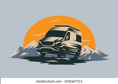 Camper van illustration with rocks and mountains. RV vehicle standing on rocks on the sunset. Vector illustration.