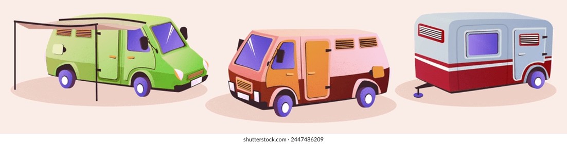 Camper van illustration. Rv trailer vehicle vector. Caravan car for summer road trip icon set. Family holiday adventure with camp tent on truck. Motorhome transport collection to drive journey