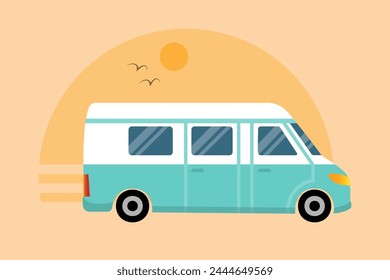 Camper van illustration, summer caravan lifestyle, travel van.