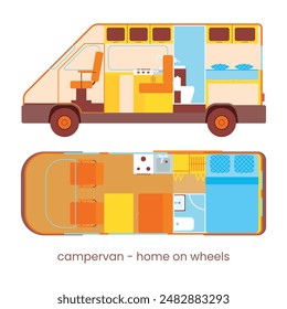 Interior de la camioneta con muebles, cocina, cama, baño. Cómodo móvil amueblado RV automóvil. Compacto y acogedor hogar sobre ruedas para viajar. Plan, disposición, esquema