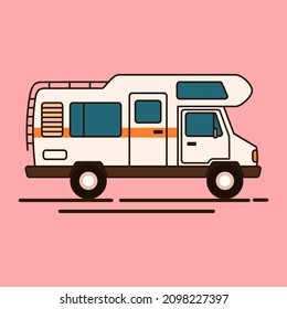 Camper van isolated on red background. Vector illustration. Flat illustration