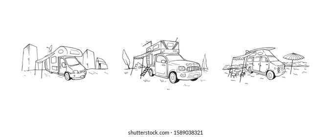 Camper van life outline hand drawn vector set illustration. Camping vehicles different hand drawn set collection. Family tour car for exploring nature and adventures. Black and white automobile logo.