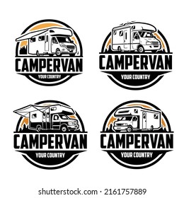 Camper Van Logo Design. Ready Made Circle Emblem Logo Motorhome RV Bundle Set Template