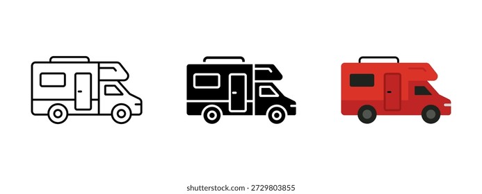 Camper van and motorhome vector icon set in outline and solid styles. RV travel and camping vehicle symbols for tourism, vacation, road trip and outdoor adventure projects.