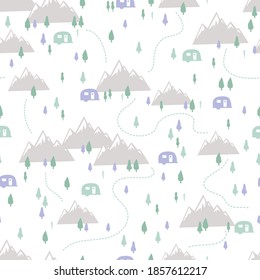 Ilustración gráfica de la camioneta de la caravana y del vectores de aventura de la montaña Patrón de fondo y diseño de ropa