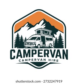 Camper van Mountain Pine Tress Vector con logo