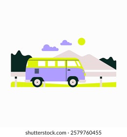 Camper Van On Road In Flat Vector Illustration Symbolizing Road Trip, Van Life, And Outdoor Travel, Isolated On White Background