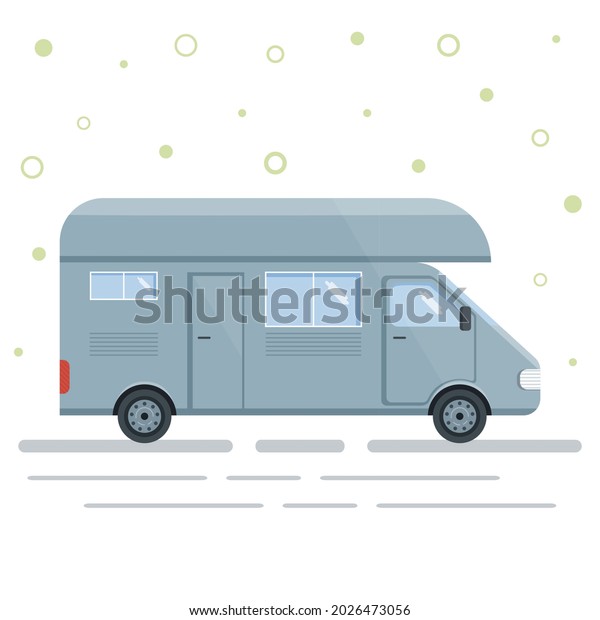 Camper van on road isolated on white\
background. Vector flat\
illusrtation