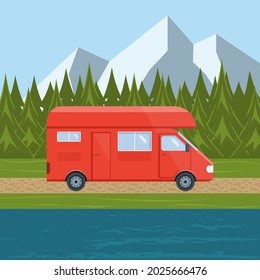 Camper van on road in nature. Forest, mountains and river background. Time to travel. Vector flat illusrtation