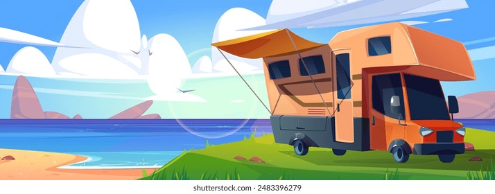 Camper van on sea or lake beach with sand and green grass shore, calm water and stones. Cartoon vector motorhome at sunny summer day. Ocean landscape with caravan trailer during vacation travel.