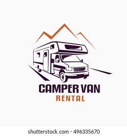 camper van outlined sketch, emblem and label template