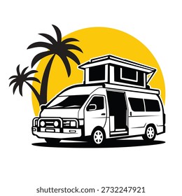 Camper van Palm Trees Sunset logo symbol Vector