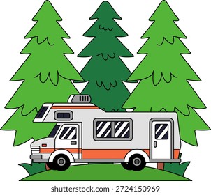 A camper van is parked in a forest