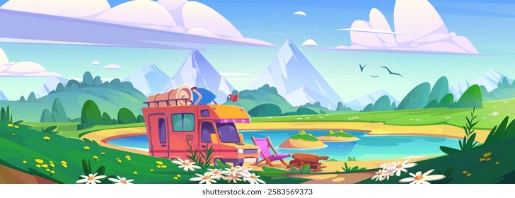 Camper van parked near mountain lake - truck with roof luggage on blooming daisies and green meadow landscape. Summer travel scene with camping chair, firewood pile, peaks, birds and pond water.