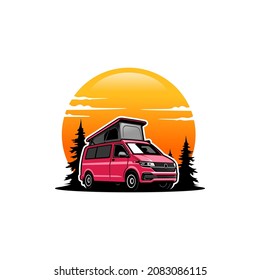 camper van with pop up - roof top tent illustration logo design : похожие и...