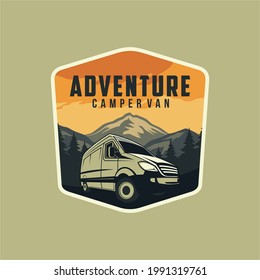 Camper van or recreational vehicle (RV) adventure car logo template, Travel and leisure vector design.