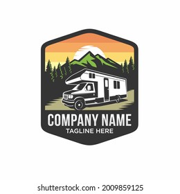 Camper van or recreational vehicle (RV) adventure car logo template, Travel and leisure vector design.