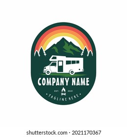 Camper van or recreational vehicle (RV) adventure car logo template, travel and leisure vector design.