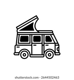 Camper Van Pop‑Up Roof Icon, Line Art Travel Camper, RV Roof Tent Illustration, Black and White Adventure Van
