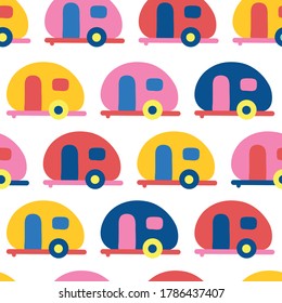 Camper van seamless vector pattern. Retro Caravans red, blue, yellow, pink seamless vector background. Scandinavian flat style.
