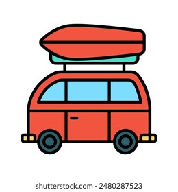 Camper van set icon. Red van, roof luggage, blue windows, travel, road trip, transportation, adventure, camping, outdoor recreation, holiday.