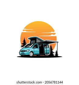 Camper van with side awning and pop up tent vector svg